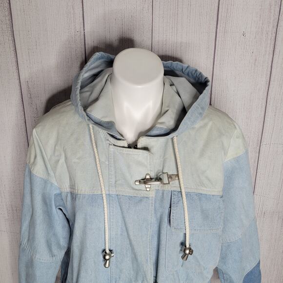 Striped Color block Zip And Shackle Hooded Oversized Denim Jacket Unisex Small - Picture 3 of 16